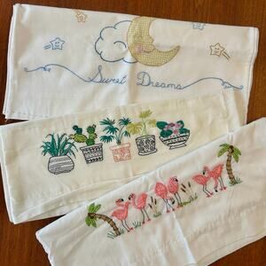 Embroidered Pillow Cases Set of 3 Tropical Flamingo Succulent Cactus Baby Moon